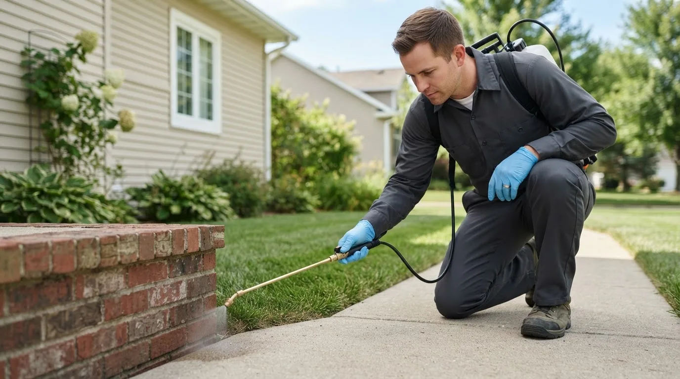 Pest control technician treating a home near Howe, IN