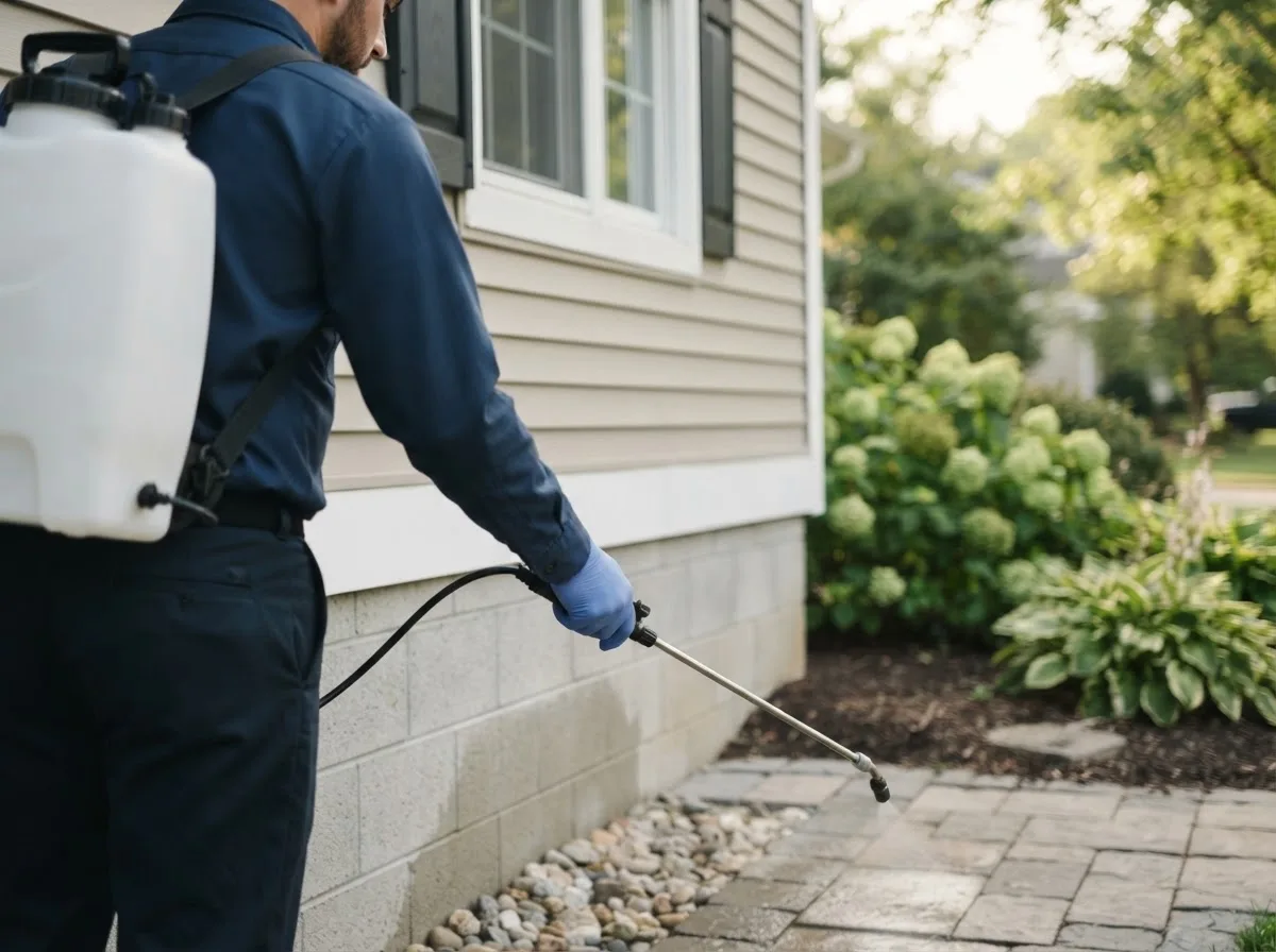 Pest control technician inspecting a home in Howe, IN